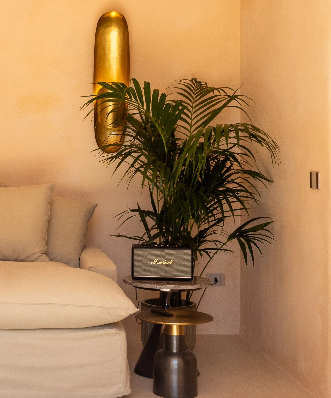 Interior detail with a gold lamp, greenery and a turntable